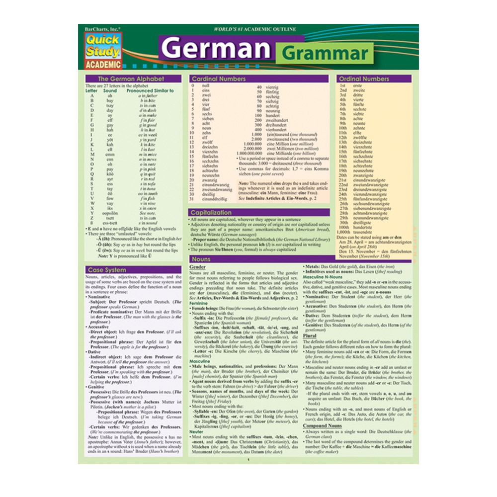 Barcharts, Barchart German Grammar, 9781423234722, Quickstudy Reference Guides, 2017, Study Aids, Books